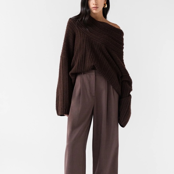 OAK + FORT Chocolate Off-Shoulder Sweater - Picture 2 of 10
